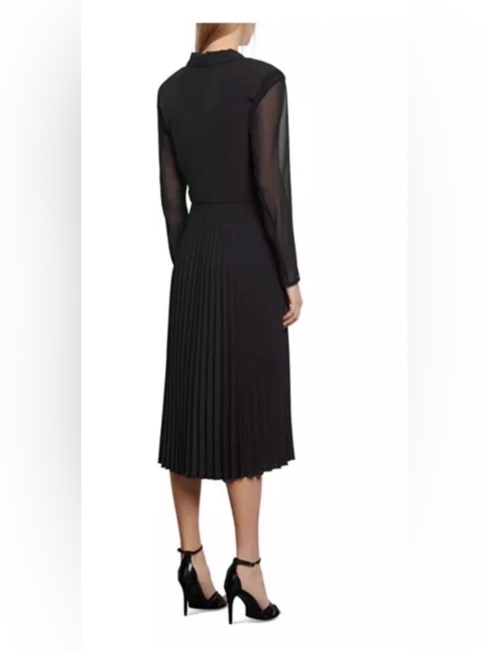 Sandro Paris Black Pleated Midi Dress | Dual Material | US 2 | Elegant - Picture 4 of 16